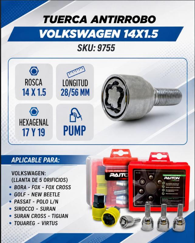 Imagen ilustrativa de TUERCAS ANTIRROBO VOLKSWAGEN 14X1.5
